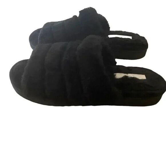 Nordstrom Abound  open toe faux fur fuzzy slide slipper in black flat sole SZ 13 - Picture 2 of 8